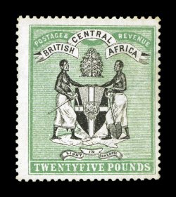 S.G. 42, 1896 £25 black and green Coat of Arms, a very rare unused example of this important high value, centered a bit to the bottom right as are all examples we have offered,
attractive colors, regummed, fine this is the rarest of all the B