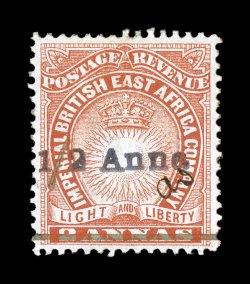 S.G. 20, 1891 12 Anna Dull violet Mombasa provisional surcharge on 2a Vermilion, initialed A.D., especially bright and fresh, uncharacteristically well centered, part o.g., very
fine a most impressive mint example of this very scarce provi