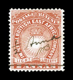 S.G. 23, 1891 12 Anna Mombasa provisional manuscript surcharge on 2a Vermillion, initialed A.B., rarely seen unused example, well centered, bright color, two small tears, very
fine appearance clear 1983 PF certificate and a 2008 BPA certif