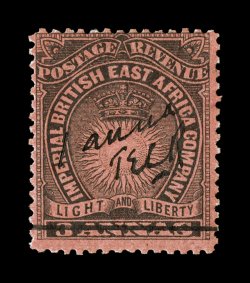 S.G. 32, 1891 1 anna Mombasa provisional manuscript surcharge on 3a Black on dull red, initialed T.E.C.R., a remarkably fresh mint example of this British East Africa rarity,
brilliant color and paper, pristine original gum that has been ver