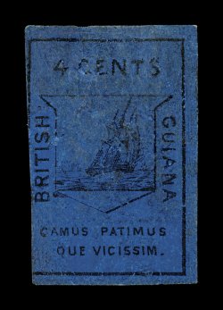 S.G. 10, 1852 4c Black on deep blue, an incredibly rare unused example, three large margins, just into the design at left, strong color with some surface rubbing as usual,
repaired, fine appearance a presentable example of a stamp that is almos