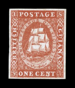S.G. 11, 1853-59 1c Vermilion, imperforate, unused, deep vibrant color and a prooflike impression on fresh white paper, large margins all around, tiny trace of a thin speck in
the bottom left margin, otherwise very fine a beautiful appearing ex