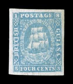 S.G. 21, 1860 4c Blue, framed corners, an extraordinarily choice unused example, possessing large even margins all around, marvelously rich color and a clean impression on
especially bright paper, extremely fine a seldom offered stamp being par