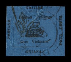 S.G. 26, 1856 4c Black on blue, used, mostly large margins around, a little closer at top but clears the design, strong paper color, some creasing, one of which causes light
surface cracking, central thin, very fine appearance despite the usual