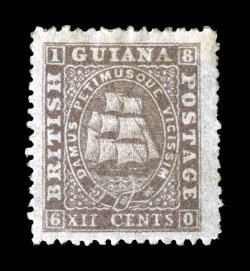 S.G. 63, 1865 12c Brownish lilac, medium paper, perf. 12 12 - 13, lovely rich color and a strong impression, part o.g., very fine 2008 BPA certificate (Scott 33D
$575.00).