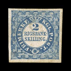 1, 1852 2rs Blue, Thiele printing, handsome and choice mint example of this scarce and popular classic stamp, four large and well balanced margins, warm rich color, large part
o.g., extremely fine ex-E.A.P. Collection (Christies Zurich, Mar