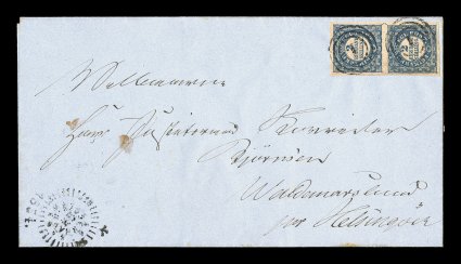 1, 1852 2rs Blue, Thiele printing, plate II, positions 6171, types 3 and 5, an exceptional vertical pair possessing deep rich color and large wonderfully well balanced margins
all around, each stamp of the pair neatly tied to clean folded entir