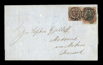 2, 1852 4rs Red brown, Thiele I printing, plate II, position 68, used in combination with Great Britain 1851 1p Red brown, lettered CI, both tied to an extraordinary folded
printed matter letter sheet, sent from Newcastle-on-Tyne (England) t