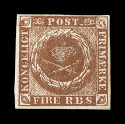 4 var., 1854 4s Chestnut brown, Thiele III printing, plate IV, position 61, a choice mint single of this rare and distinctive shade, being one of the most elusive of the many
shades found on this stamp, deep luxuriant color and a crisp impressio
