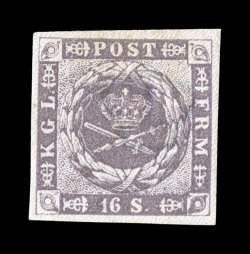 6, 1857 16s Gray lilac, superb mint example, four lavishly large margins, unusually intense color and impression, full fresh o.g., relatively lightly hinged, an extremely fine
gem 1980 Kaiser and 1998 Paaskesen certificates (Facit 6 6,000SEK