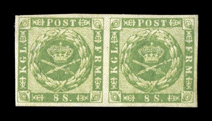 8, 1858 8s Green, an exceptional quality mint horizontal pair, large margins all around, bright fresh color, large part o.g., extremely fine quite remarkably, this handsome
pair is the largest recorded unused multiple of this scarce stamp