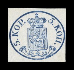 1, 1856 5k Blue, small pearls, a highly select unused example of this classic rarity, being among the few unused examples extant that is completely fault free, extraordinarily
bright and fresh, rich color and a sharp impression, full well ba