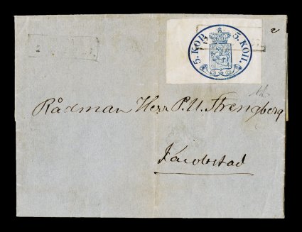 1, 1856 5k Blue, small pearls, a phenomenal single boasting enormous margins all around, in addition to showing on the reverse part of a 10k tête-bêche pair which adheres to
it, tied to an 1857 folded letter to Jacobstad by low boxed Wasa2