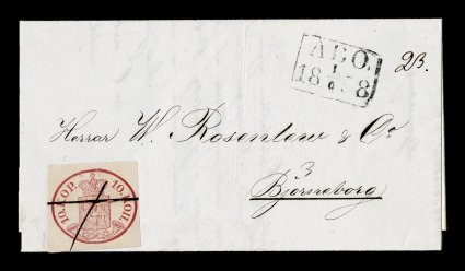 2, 1856 10k Rose, four full to mostly large margins, deep rich color, neat manuscript X precancel, used on immaculate folded letter to Björneborg, with high boxed Åbo1.61858
postmark at top right, extremely fine an exceptional quality 10k
