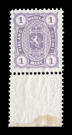 30, 1882 1M Violet, perf. 12 12, gem mint bottom sheet-margin single, incredibly bright and fresh, exceptionally well centered, o.g. (natural crackly gum), n.h., extremely
fine (Facit 19LC2c 5,000SEK).