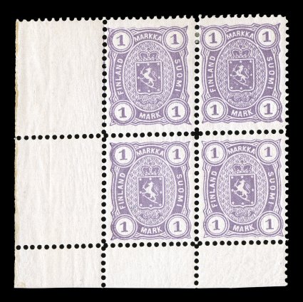 30, 1882 1M Violet, perf. 12 12, brilliantly fresh bottom left corner sheet-margin block of four, deep rich color, well centered, o.g., top pair lightly hinged, bottom pair
n.h., very fine a handsome mint multiple 1997 Gummesson certificate