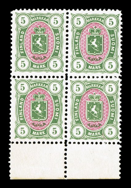 36, 1885 5M Green and rose, perforated 12 12, very scarce and desirable bottom sheet-margin mint block of four, quite fresh, strong colors, well centered, o.g., n.h., very
fine and choice 1997 Gummesson certificate ex-Mellgren (Facit 25b