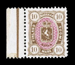 37, 1885 10M Brown and rose, perforated 12 12, pristine left sheet-margin mint single, well centered, o.g., n.h., very fine (Facit 26 10,000SEK).