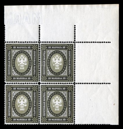 82, 1915 10M Black and greenish gray, perforated 14 12, choice top right corner sheet-margin mint block of four, exceptionally well centered, fresh and crisp, o.g., n.h., very
fine and quite choice (Facit 61 7,200+SEK as four n.h. singles).