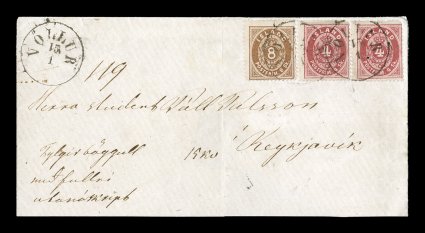 2, 3, 1873 4s Dark carmine and 8s Brown, perforated 14 x 13 12, two singles of the former and a single of the latter, all tied to a unique parcel cover to Reykjavik by very
rare antique type Völlur15.1 town postmarks (Facit R3 rarity ratin