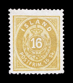 4 var., 1873 16s Yellow, perforated 14 x 13 12, inverted watermark, well centered unused example, fresh color, perforations more intact than typically seen on the Skilling
issues, very fine 1969 PF certificate ex-Joyner (Facit 4v1 13,00