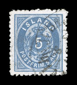 8, 1876 5a Blue, perforated 12 12, unusually well centered, fresh color, light portion of Kirjuæjarklaust town c.d.s., very fine genuine used examples cancelled during the
correct period are terribly elusive 1993 Eldrup certificate (Facit 23