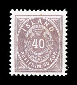 18a, 1898 40 Red violet, perforated 12 12, handsome mint example of this very rare stamp, with only 40 examples known, strong fresh color, well centered, o.g. which is just
slightly disturbed from hinge removal, very fine among the rarest