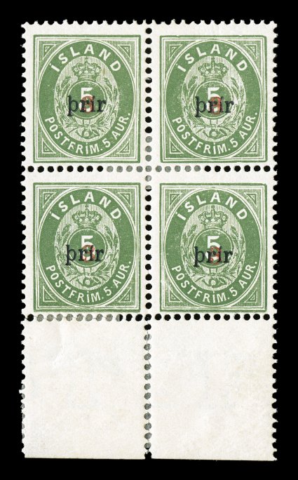 31, 1897 3a on 5a Green, large type, perforated 13, seldom seen mint block of four, with sheet margin at bottom, fresh color, o.g., couple of minor h.r.s, one of which
reinforces some separated perforations between stamps and bottom selvage, fi