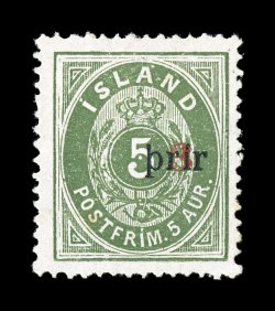 31a, 1897 3a on 5a Green, large type, perforated 14 x 13 12, the unique mint example being Icelands rarest mint stamp, marvelously fresh, deep rich color, well centered, full
o.g., small h.r., very fine the 3 prir surcharges, either in sm