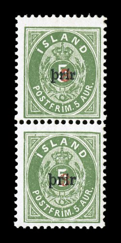 31, 32, 1897 3a on 5a Green, small and large type, perforated 13, se-tenant pair, vertical pair with the top stamp having small type and the bottom stamp with large type,
especially bright and fresh, nicely centered, o.g., barest trace of hingin