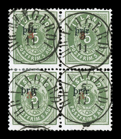 31a, 32b, 1897 3a on 5a Green, small and large type, perforated 14 x 13 12, se-tenant block of four, a spectacular used block of four from the 6th and 7th vertical row in the
sheet, with the top two stamps with small type, while the bottom pair
