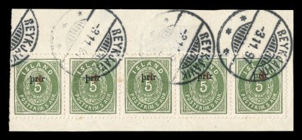 32b, 1897 3a on 5a Green, small type, perforated 14 x 13 12, an impressive used horizontal strip of five of this rare stamp, possessing exceptional centering and with bright
fresh color, neatly tied to small piece by Reykjavik3.11.97 c.d.s.,