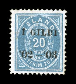 56, 1902-03 20a Dull blue, black overprint, perforated 13, a choice mint example of this enormously rare stamp, quite well centered, rich color, o.g. which is just slightly
disturbed, minor h.r., very fine one of the rarest stamps of Iceland