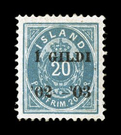 56, 1902-03 20a Dull blue, black overprint, perforated 13, remarkably the Gross collection contains a second mint example of this important rarity, this one being
extraordinarily well centered and with rich color, o.g., h.r., just the faintest t