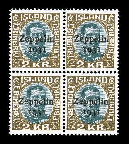 C9-11, 1931 30a-2K Zeppelin1931 overprints cplt., a fresh well matched set of blocks of four, attractively centered, strong colors, o.g., n.h. (one 2K with faint disturbance
from mount), fine-very fine (Facit 162-64 7,600+SEK).