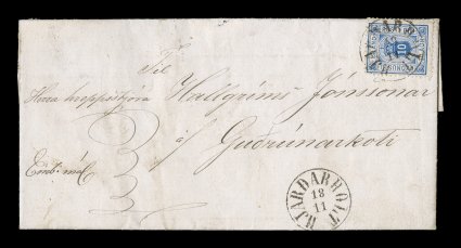 O6a, 1876 10a Ultramarine official, fairly well centered single tied to a rare 1877 folded letter to Gudrunarkoti by central strike of Hjardarholt18.11 town c.d.s., additional
clear strike at bottom of cover, stamp with tiny corner flaw at bo