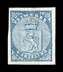 1, 1855 4s Blue, an extremely rare mint example still retaining its full original gum, full to mostly large margins all around, rich color, couple of minor natural gum
wrinkles, very fine the first stamp of Norway is an especially challengi