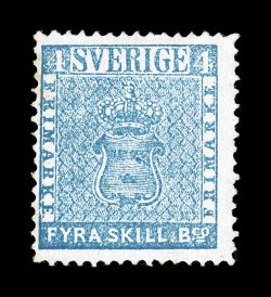 2, 1855 4s Light blue on thin paper, a most attractive unused example, without gum as almost always found, fresh color on bright paper, uncharacteristically well centered when
compared to most existing unused copies, without the usual flaws that