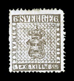 3c, 1856 6s Gray brown on thin paper, an enormously rare unused example of this distinctive shade, being one of only two unused examples recorded, without gum as virtually all
unused first issues are found, rich color, quite well centered, c