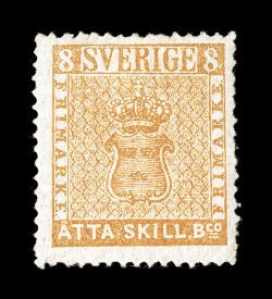 4a, 1855 8s Brownish orange on thin paper, an extraordinarily rare mint example still retaining a thin layer of its original gum, which is almost unheard of on any of the
unused examples of the first issue of Sweden, brilliantly fresh color,