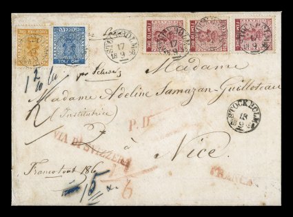 8, 10, 12a, 1858-62, 12ö Blue, 24ö Orange and 50ö Dark carmine, one each of the 12ö and 24ö, plus three copies of the 50ö all tied to an extremely rare cover to Nice, Italy
(Sardinia) by neat strikes of Stockholm17.91858 c.d.s., red stra