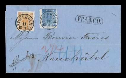 8, 10, 1858-62 12ö Blue and 24ö Orange, each with intense color, the 24ö especially well centered, both individually tied by Stockholm11.31870 c.d.s. to handsome blue 1870
folded entire to Neuchatel, Switzerland, paying the 36ö rate via Nort