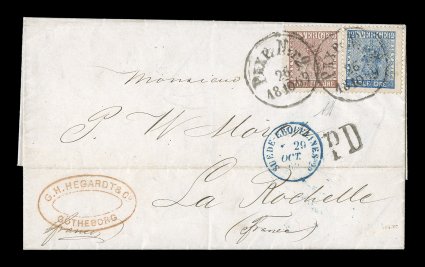 9, 11, 1858-62 12ö Ultramarine and 30ö Brown, former very well centered, latter near perfect centering, both tied by two strikes of Pkxp N:r226.101869 railroad c.d.s. to 1869
folded letter from Gotheborg, paying the 42ö rate to La Rochelle,