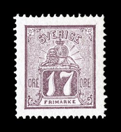 14, 1866 17ö Red violet, choice mint single, well centered within huge margins, rich color, o.g., small h.r., very fine and handsome signed Sjöman and accompanied by his 1968
certificate for a horizontal pair, this being the left stamp (Facit 