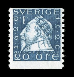 165 var., 1920 20ö Blue, perf. 10 vert., watermarked wavy lines and letters (KPV), fresh mint single of this rare watermark variety which is listed but unpriced mint in Facit,
o.g., n.h., fine 1992 Norsten certificate (Facit 152Acxz unpriced)