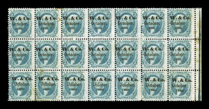 R13c, 2c Proprietary, blue, right sheet-margin block of 21 (7x3), bright color, each with W.& Co., October, 1866 printed cancel, a few light stains and minor perf. reinforcing,
otherwise fine.