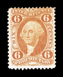 R31c, 6c Proprietary, an incredibly rare mint example, lovely bright color and a strong impression, part original gum, small thinning at bottom, fine appearance one of the very
few Six Cent Proprietary stamps that still retain any portion of th