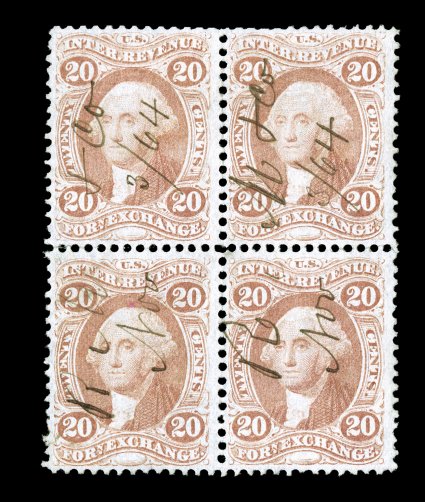 R41c, 20c Foreign Exchange, block of four, bright color, 1864 ms. cancels, a couple reinforced perfs. at left, fine-very fine.