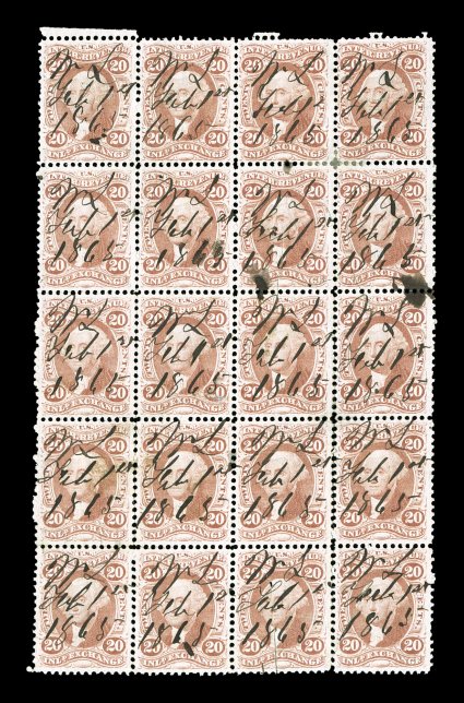 R42c, 20c Foreign Exchange, block of twenty (4x5), strong rich color, well centered, 1865 ms. cancels, few horizontal creases, two stamps repaired, very fine appearance the
largest off-document multiple recorded.
