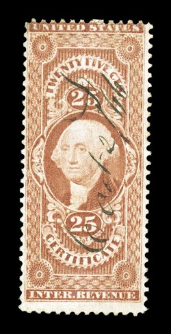 R44ce, 25c Certificate, printed on both sides, a highly desirable example of this rare error, possessing portions of two strong impressions at top, 1866 ms. cancel, fine one of
the rarest errors of the First Issue, with less than five example